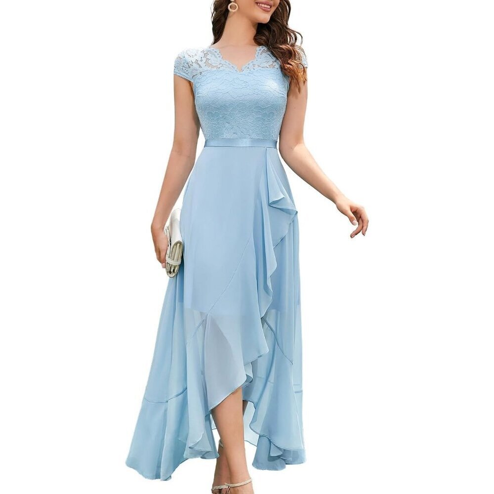 Women's Sky Blue V-Neck  Hi-Lo Floral Lace Prom Cocktail Party Formal Dress